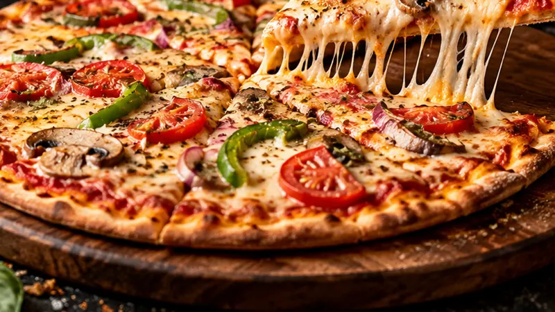 New 12-inch thin crust hand-tossed pizza with mushrooms, tomatoes, green peppers and melted cheese at Durkin&rsquo;s Pizza in McKinney, TX