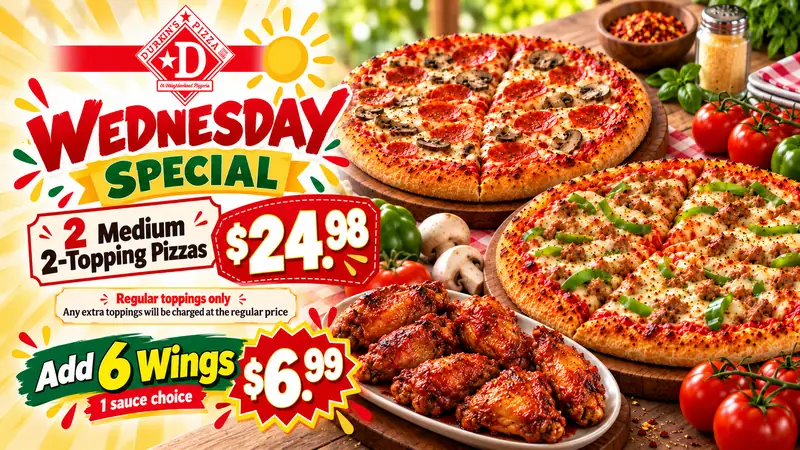 We Love Family Wednesdays at Durkin&rsquo;s Pizza: two medium 2-topping pizzas for $24.98