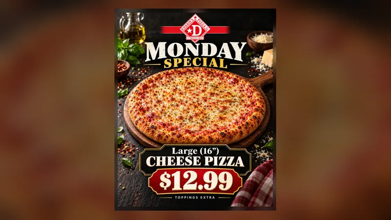 Good Start Monday Special at Durkin&rsquo;s Pizza: large 16-inch cheese pizza for $12.99, toppings extra