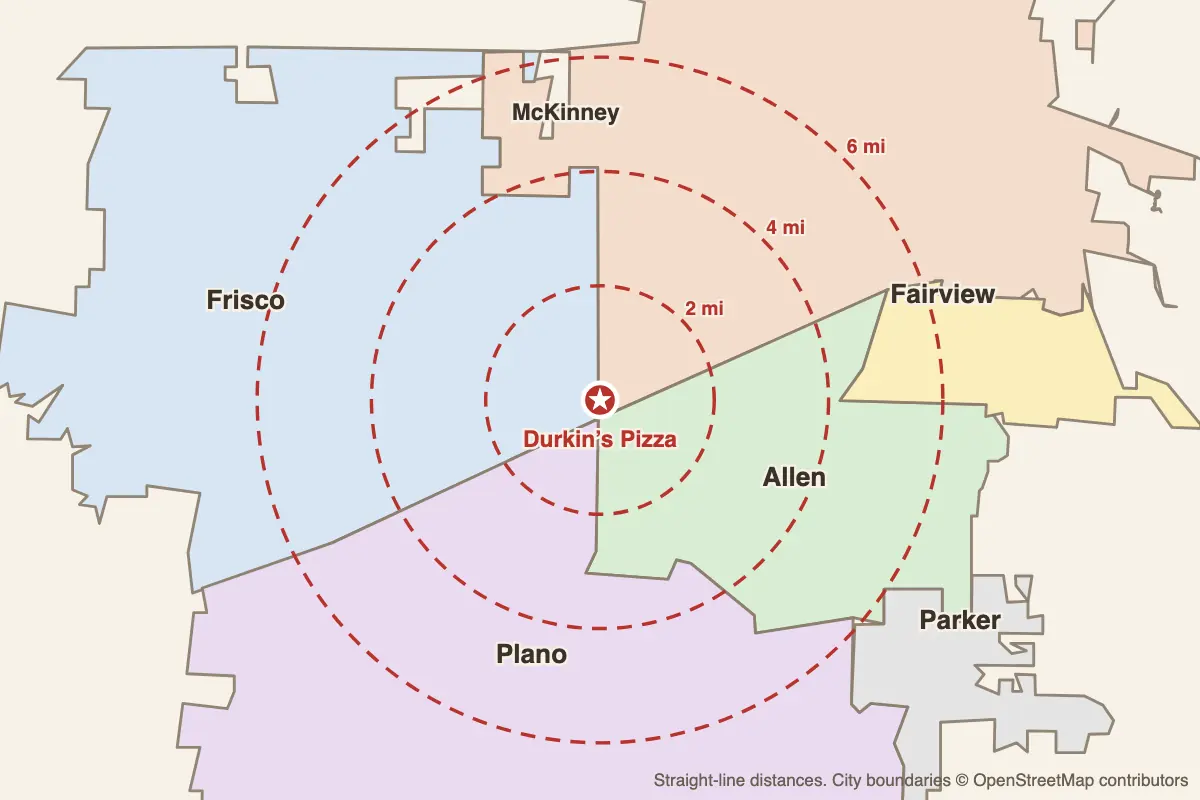 Map of the cities around Durkin’s Pizza: Frisco, Allen, Plano, Fairview and McKinney, with 2, 4 and 6 mile rings