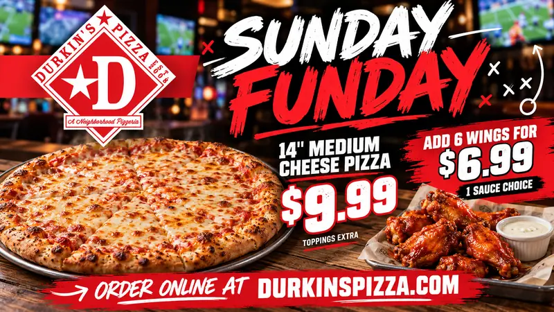 Sunday Funday Special: medium 14-inch cheese pizza for $9.99