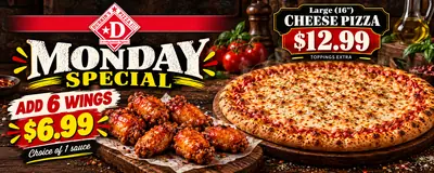 Good Start Monday deal poster: large cheese pizza for $12.99