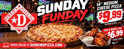 Sunday Funday deal poster: medium cheese pizza for $9.99