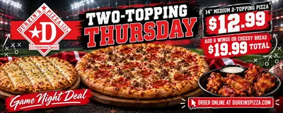 Two-Topping Thursday deal poster: medium 2-topping pizza for $12.99