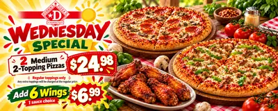 We Love Family Wednesdays deal poster: two medium 2-topping pizzas for $24.98