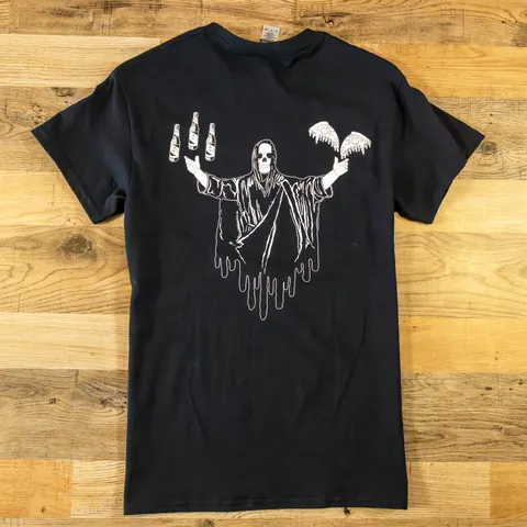 Black Durkin&rsquo;s Pizza t-shirt, back with pizza and beer graphic