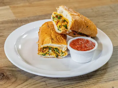 P.T.S. Pizza Topping Sandwich on a hoagie roll with marinara at Durkin&rsquo;s Pizza