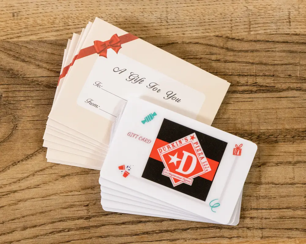 Durkin&rsquo;s Pizza gift cards with gift envelopes